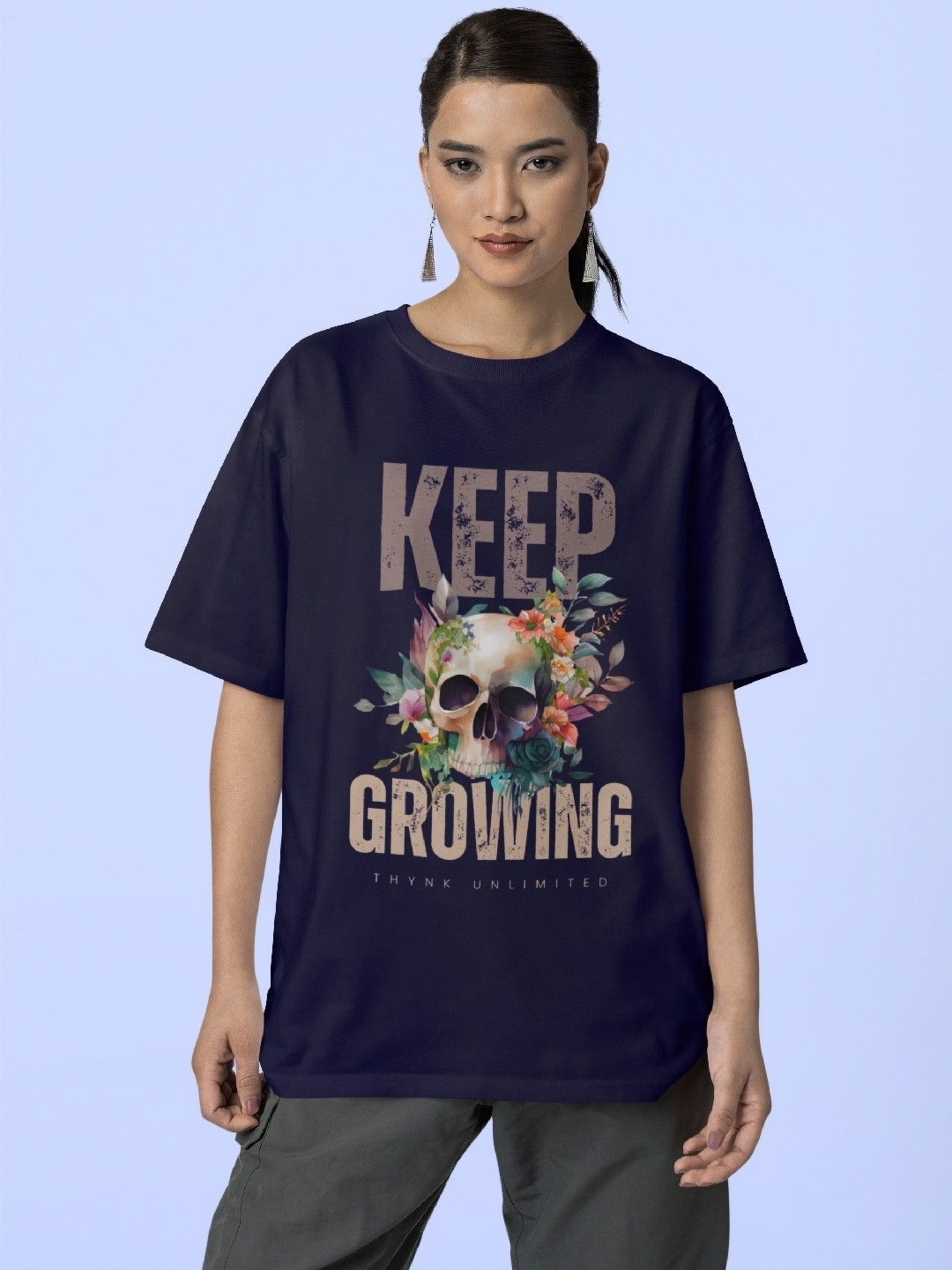 

Reifica Women Drop-Shoulder Oversized Printed Pure Cotton T-shirt, Navy blue