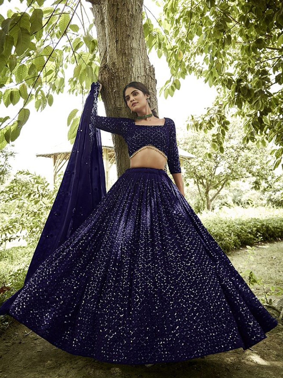 

Warthy Ent Embroidered Georgette Semi-Stitched Lehenga With Unstitched Blouse & Dupatta, Blue