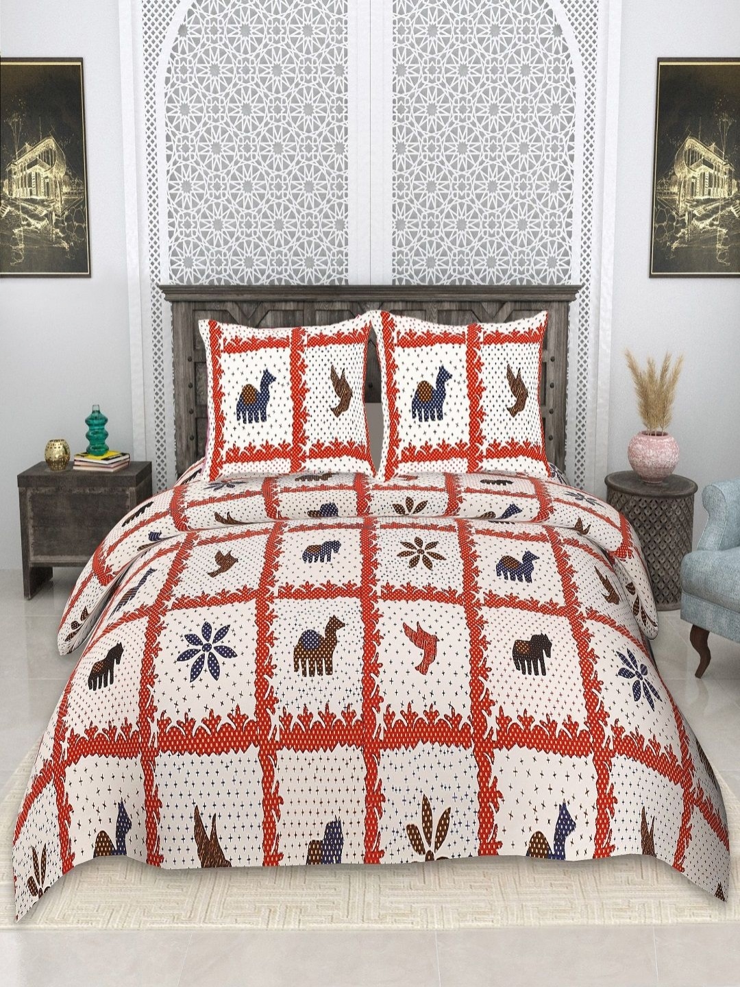 

tundwal's White & Red Ethnic Motifs 210 TC King Bedsheet with 2 Pillow Covers