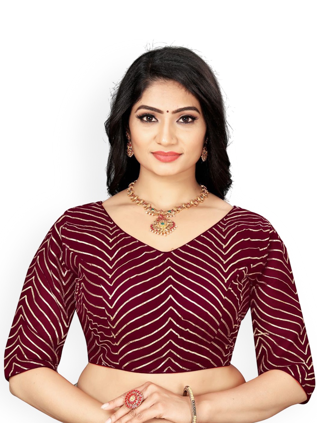 

HERE&NOW Women Embroidered Gotta Patti Work Saree Blouse, Maroon