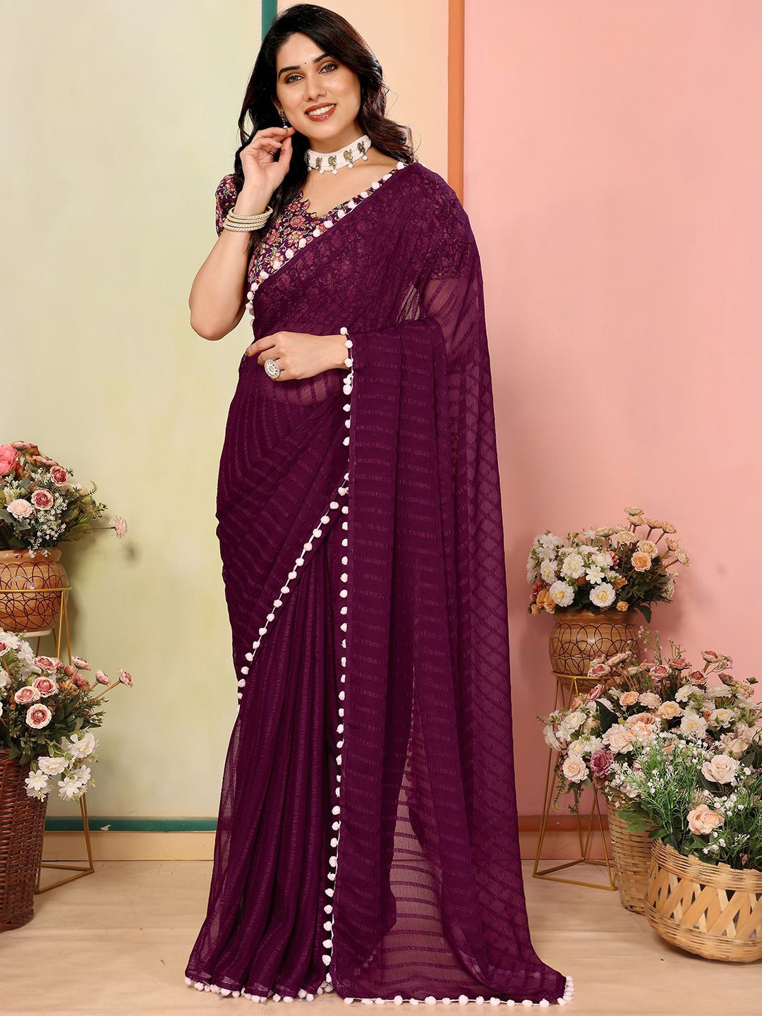 

LeeliPeeri Designer Striped Embroidered Saree, Purple