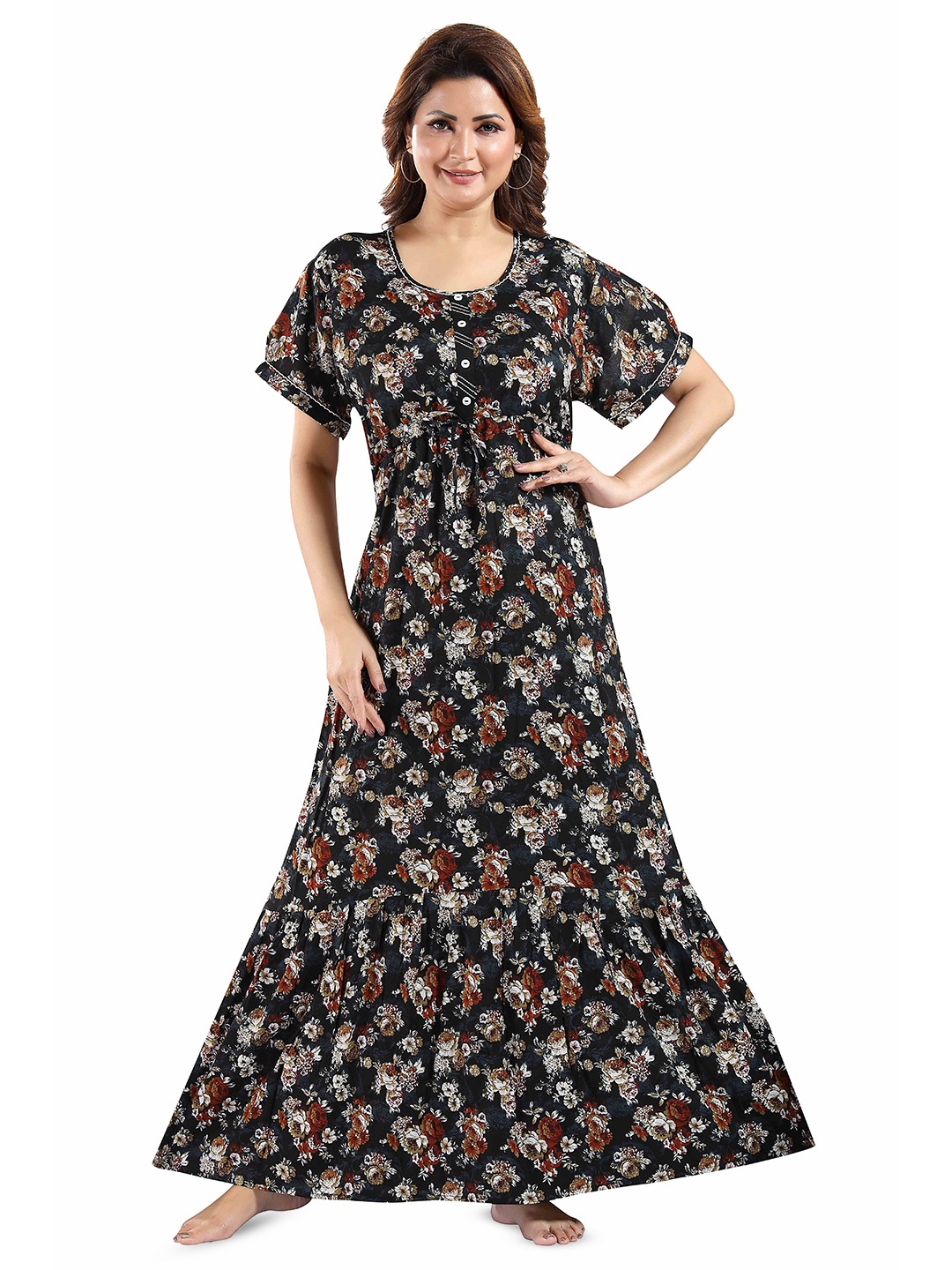 

NIGHT QUEEN Floral Printed Pure Cotton Maxi Nightdress, Black
