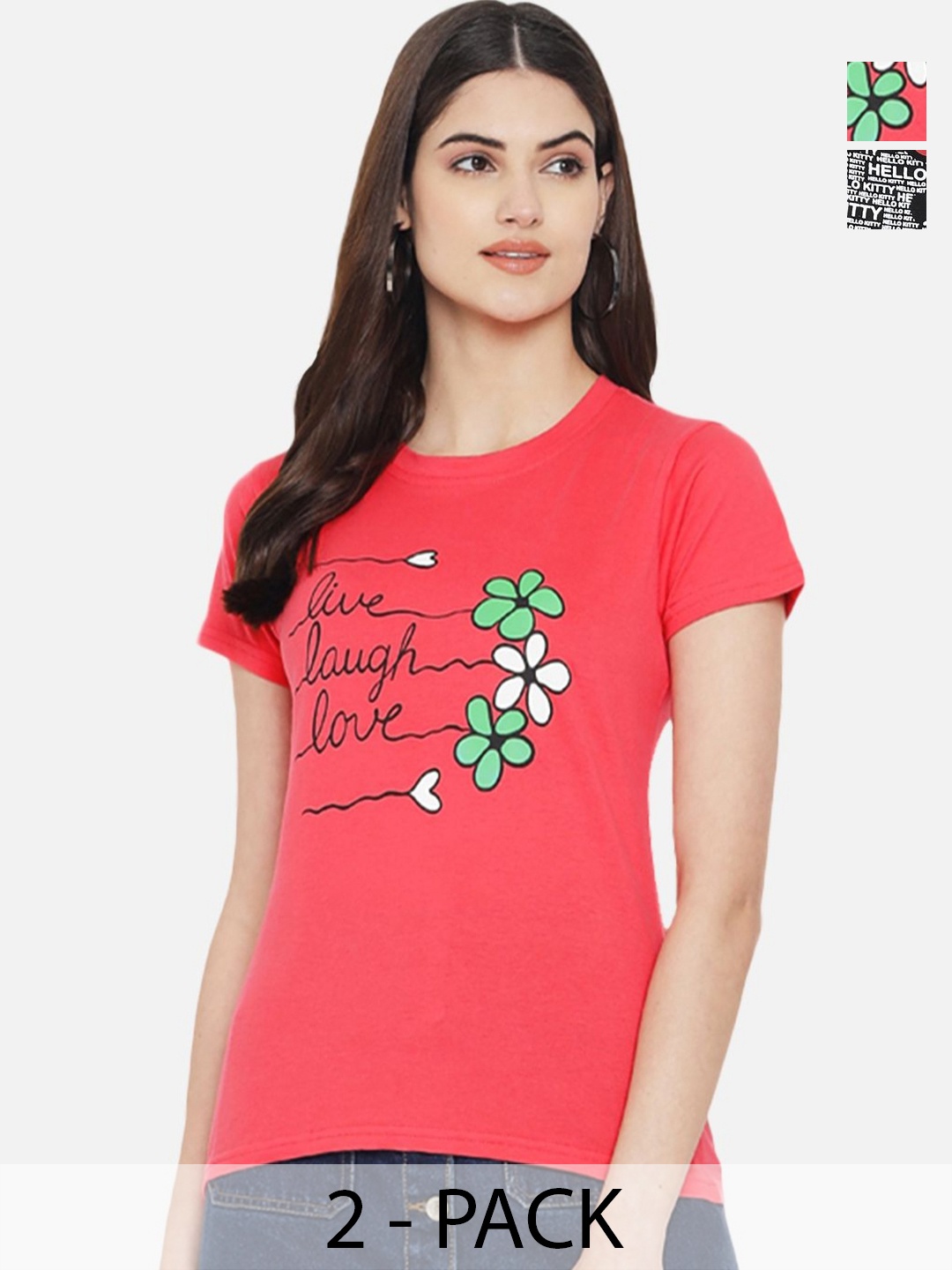 

Dreambe Women Pack Of 2 Typography Printed Round Neck Cotton T-shirts, Peach