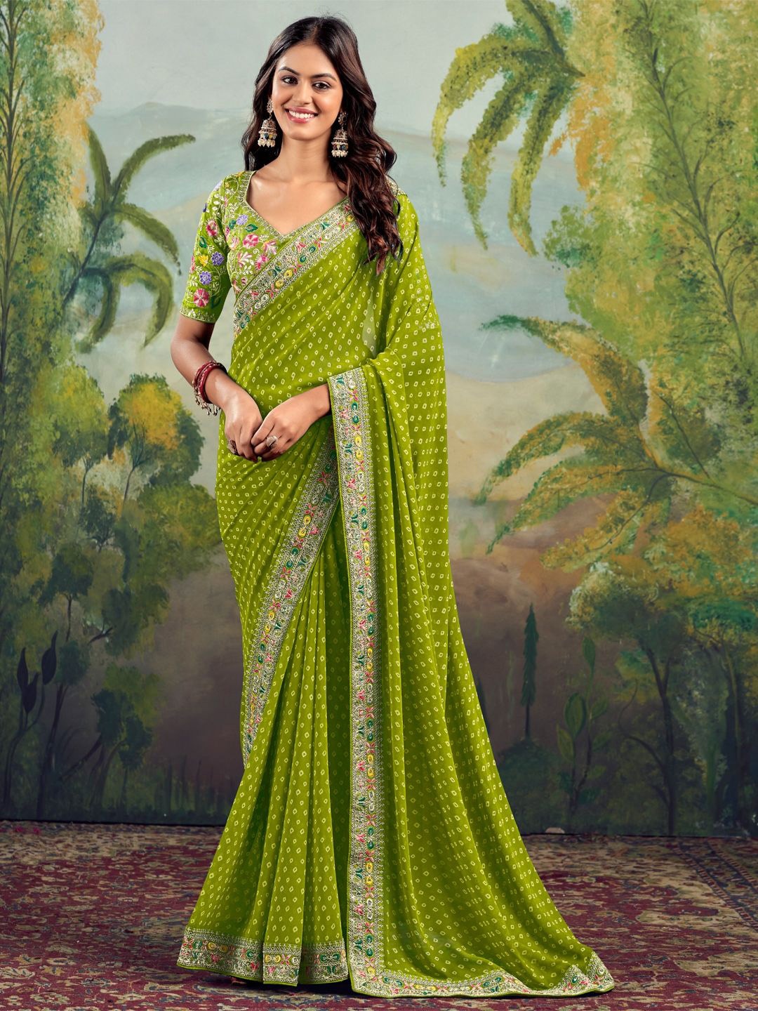 

CHUDIYA Bandhani Embroidered Pure Chiffon Saree, Olive