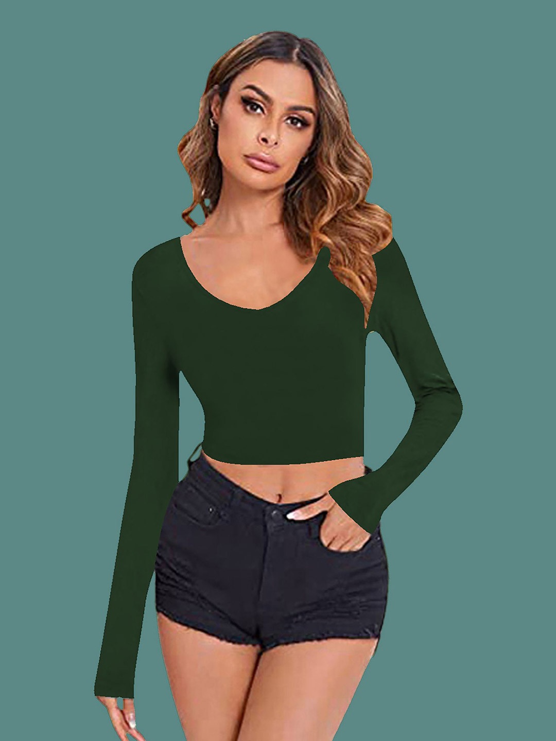 

Dream Beauty Fashion Women Round Neck Long Sleeves Crop Top, Green