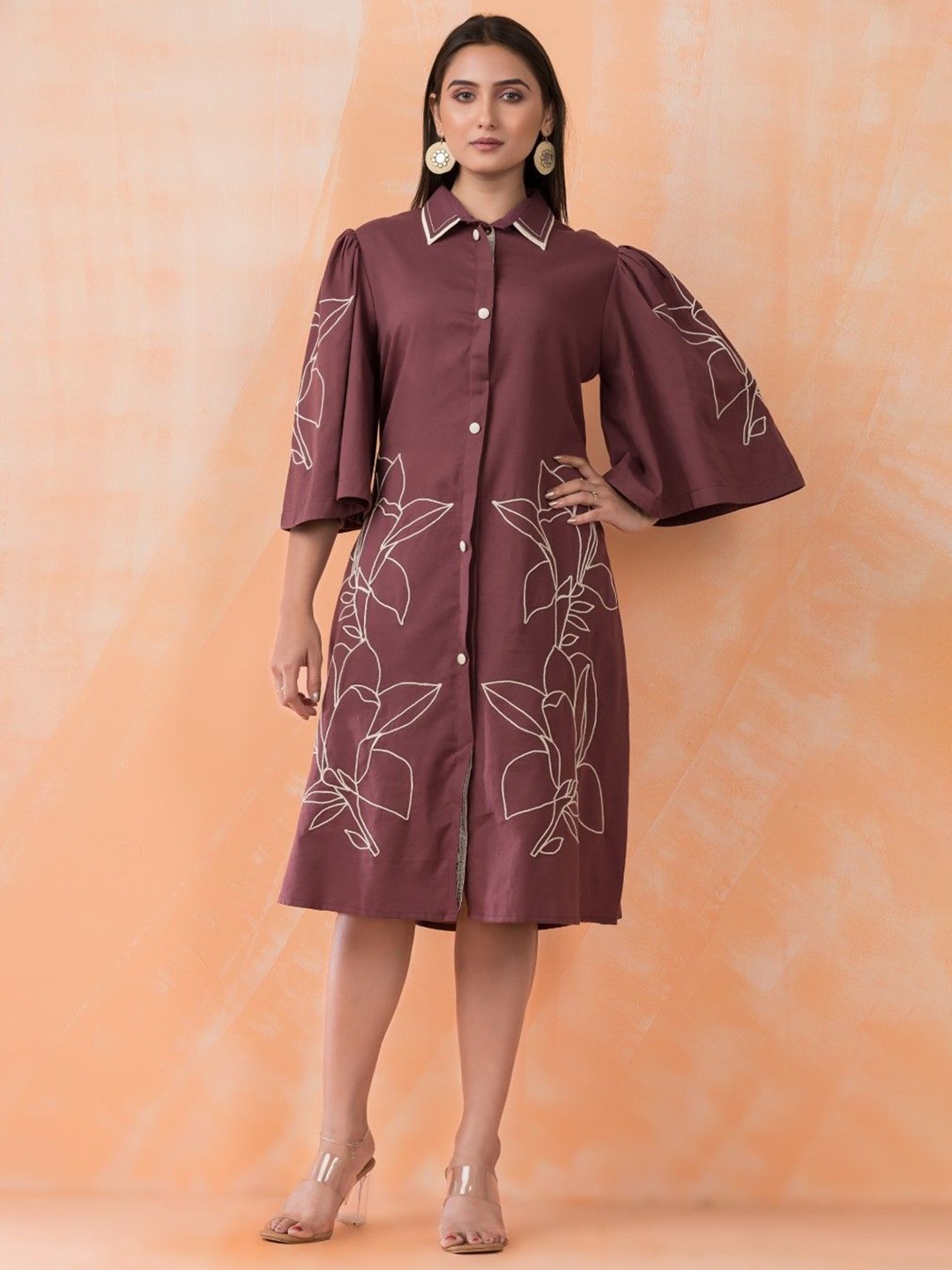 

AUTUMN LANE Floral Printed Flared Sleeve Shirt Midi Dress, Brown