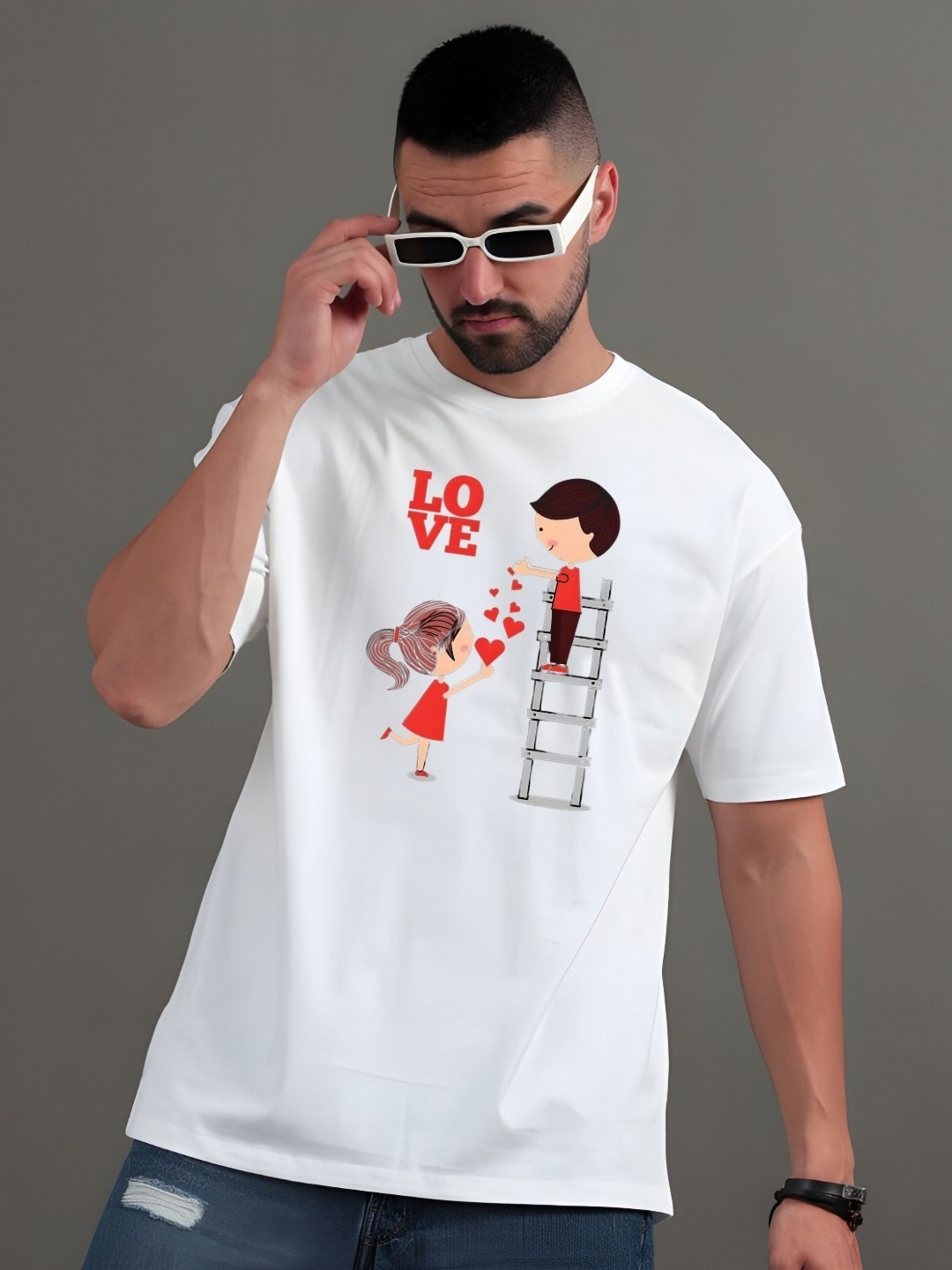 

SZN Men Graphic Printed Round Neck Cotton Oversized T-shirt, White