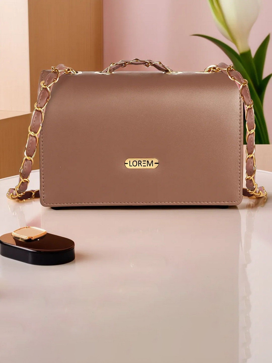 

LOREM Women Solid Structured Leather Sling Bag, Brown
