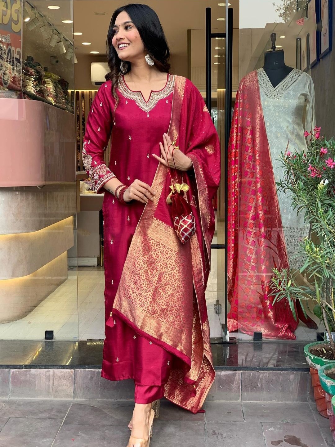 

Fashion Ritmo Zari Embroidered Notch Neck Straight Kurta With Trouser & Dupatta, Maroon