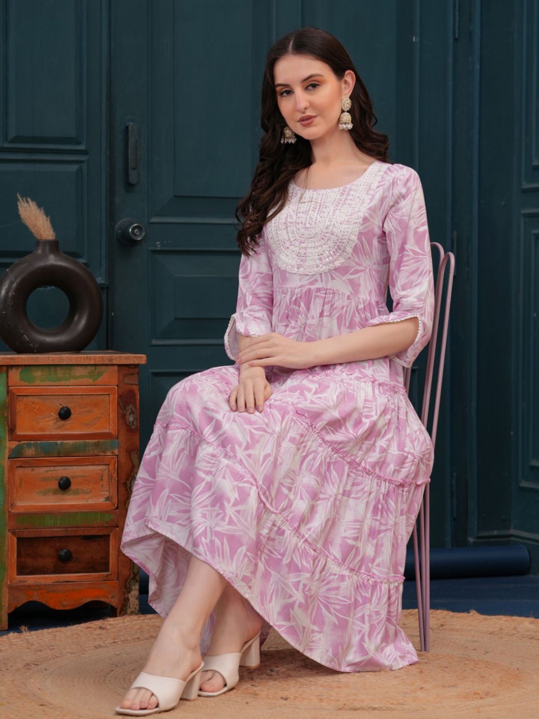 

JC4U Tropical Printed Sequined Cotton Fit & Flare Tiered Midi Dress, Pink