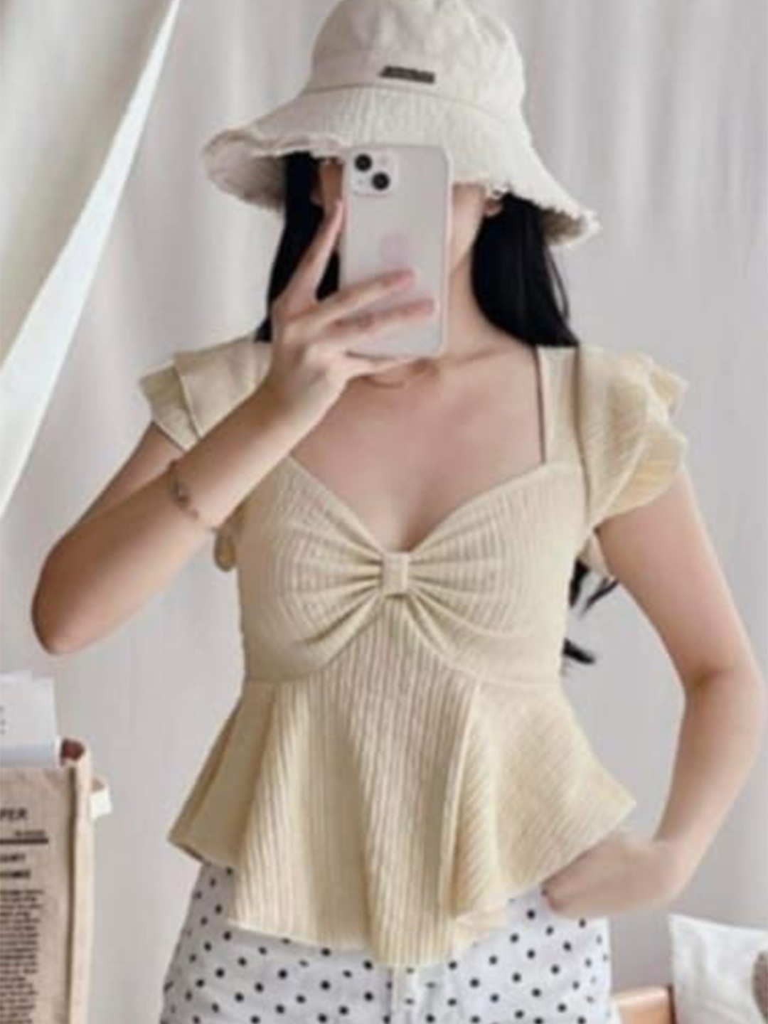 

RAZA SHOPING Flutter Sleeve Peplum Top, Beige