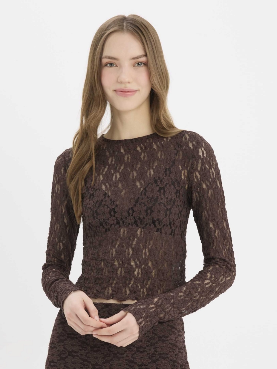 

DeFacto Women Self Design Round Neck Top, Brown