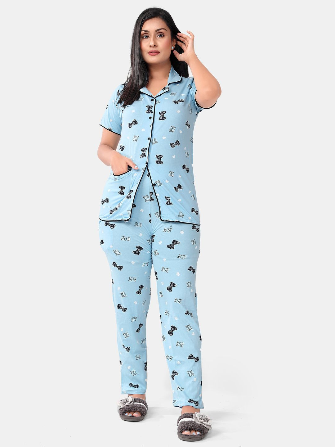 

SWEET MOON Printed Shirt With Pyjama Night suit, Blue