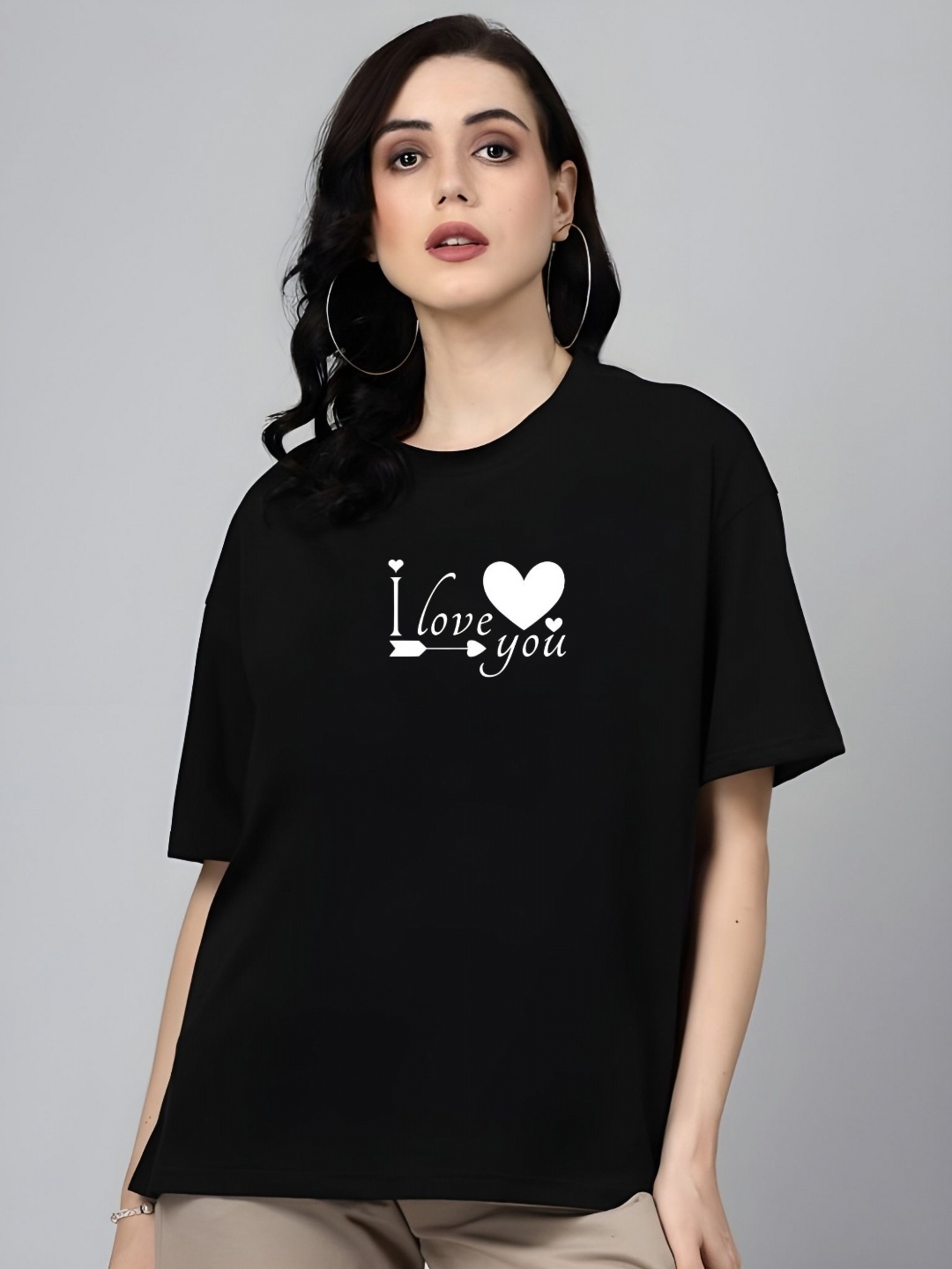 

SZN Women Typography Printed Round Neck Cotton Oversized T-shirt, Black