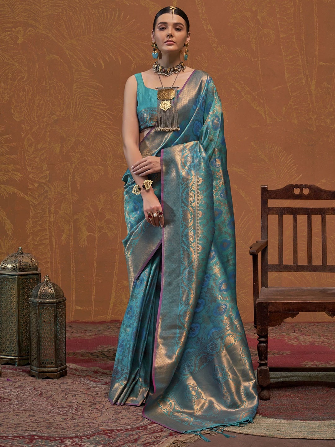 

MAHALASA Ethnic Motifs Zari Pure Silk Kanjeevaram Saree, Turquoise blue