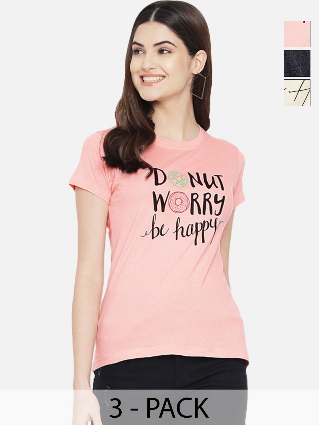 

Dreambe Women Pack Of 3 Typography Printed Round Neck Cotton T-shirts, Peach