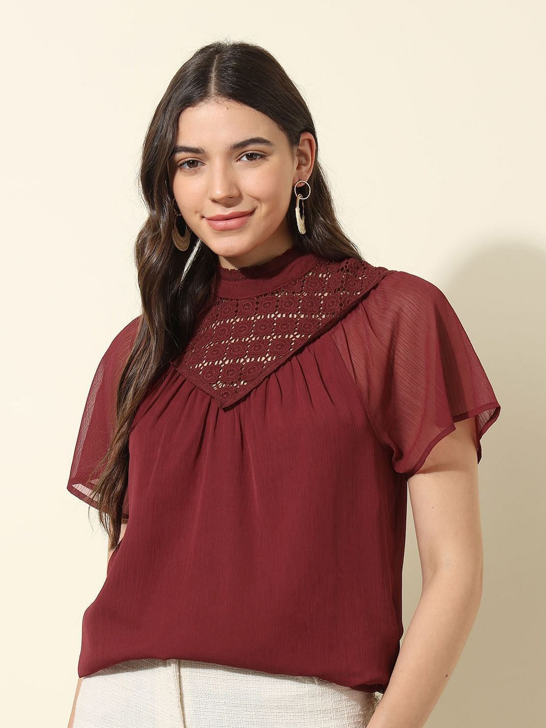 

U.S. Polo Assn. Women Self Design Lace Detailed Top, Maroon