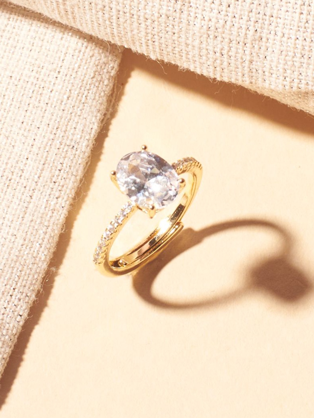 

SALTY Golden Oval-Cut American Diamond Studded Ring For Women & Girls, Gold