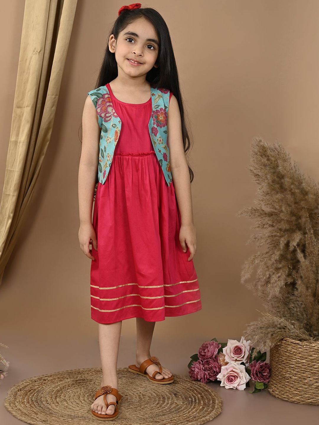 

Sangria Girls A-Line Ethnic Dress With Printed Kota Jacket, Pink