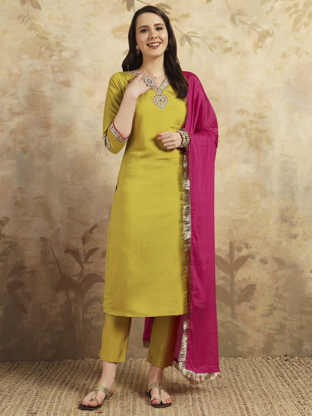 

Fashion Ritmo V-Neck Chanderi Silk Kurta With Trouser And Dupatta, Yellow