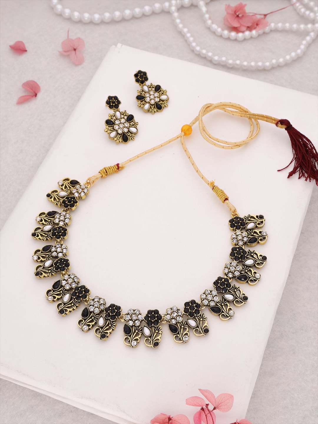

DIVASTRI Set Of 2 Gold-Plated & Silver-Plated American Diamond-Studded Jewellery Set