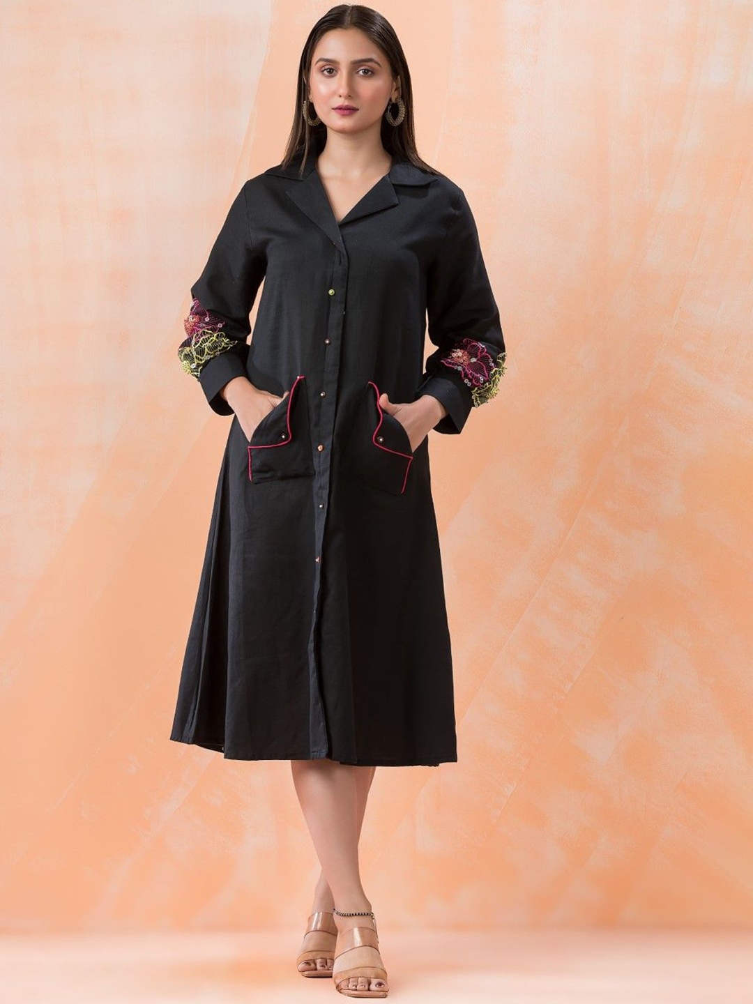 

AUTUMN LANE Floral Embroidered Shirt Cotton Midi Dress, Black