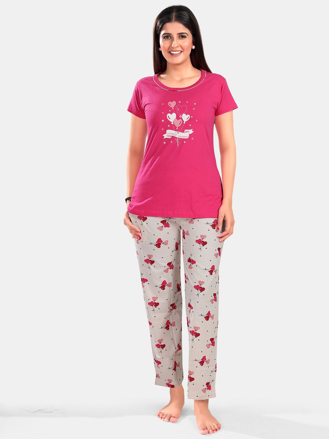 

SWEET MOON Printed Round Neck T-Shirt With Pyjama, Pink