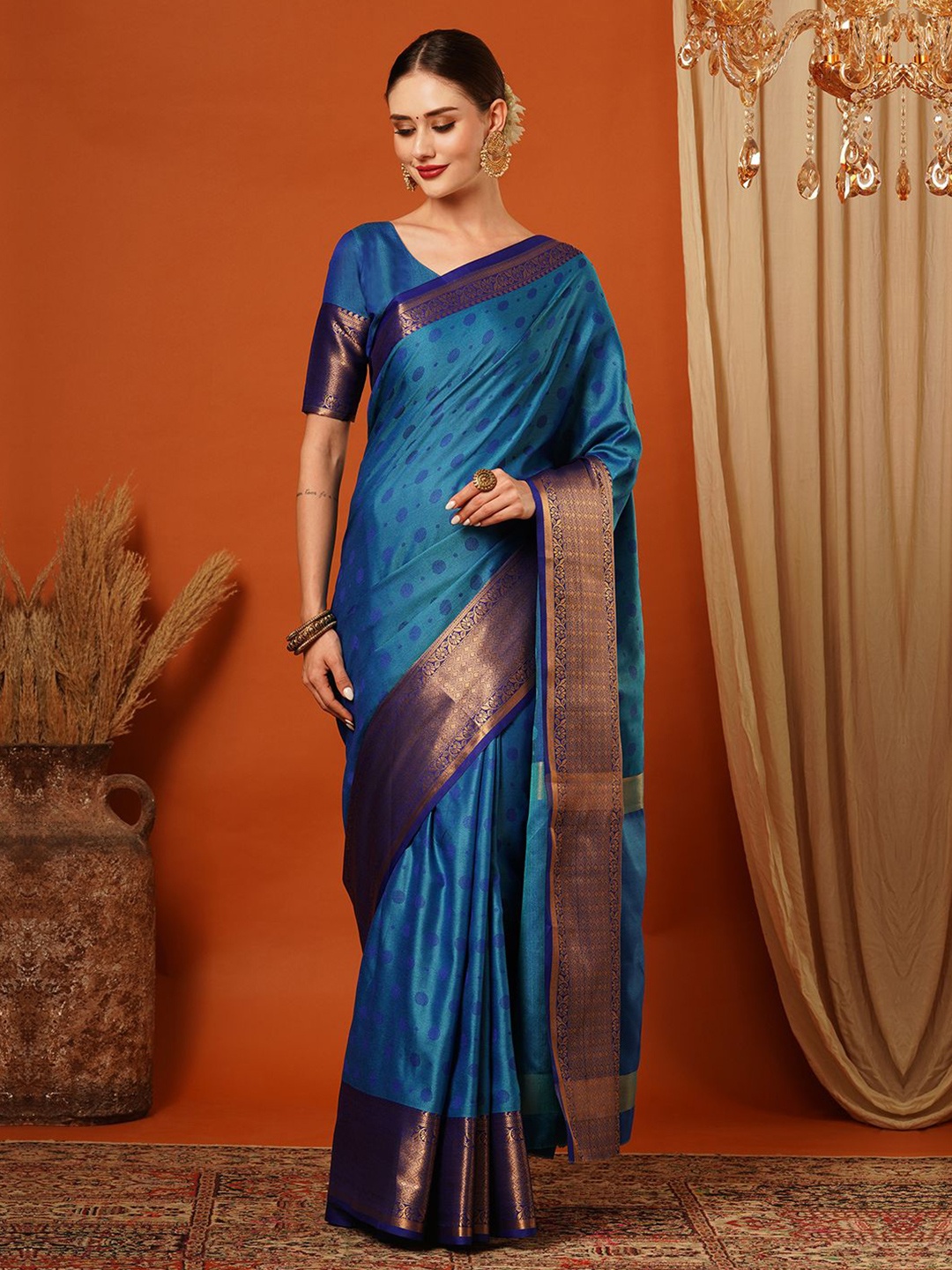 

DIVASTRI Woven Design Zari Pure Silk Mysore Silk Saree, Turquoise blue