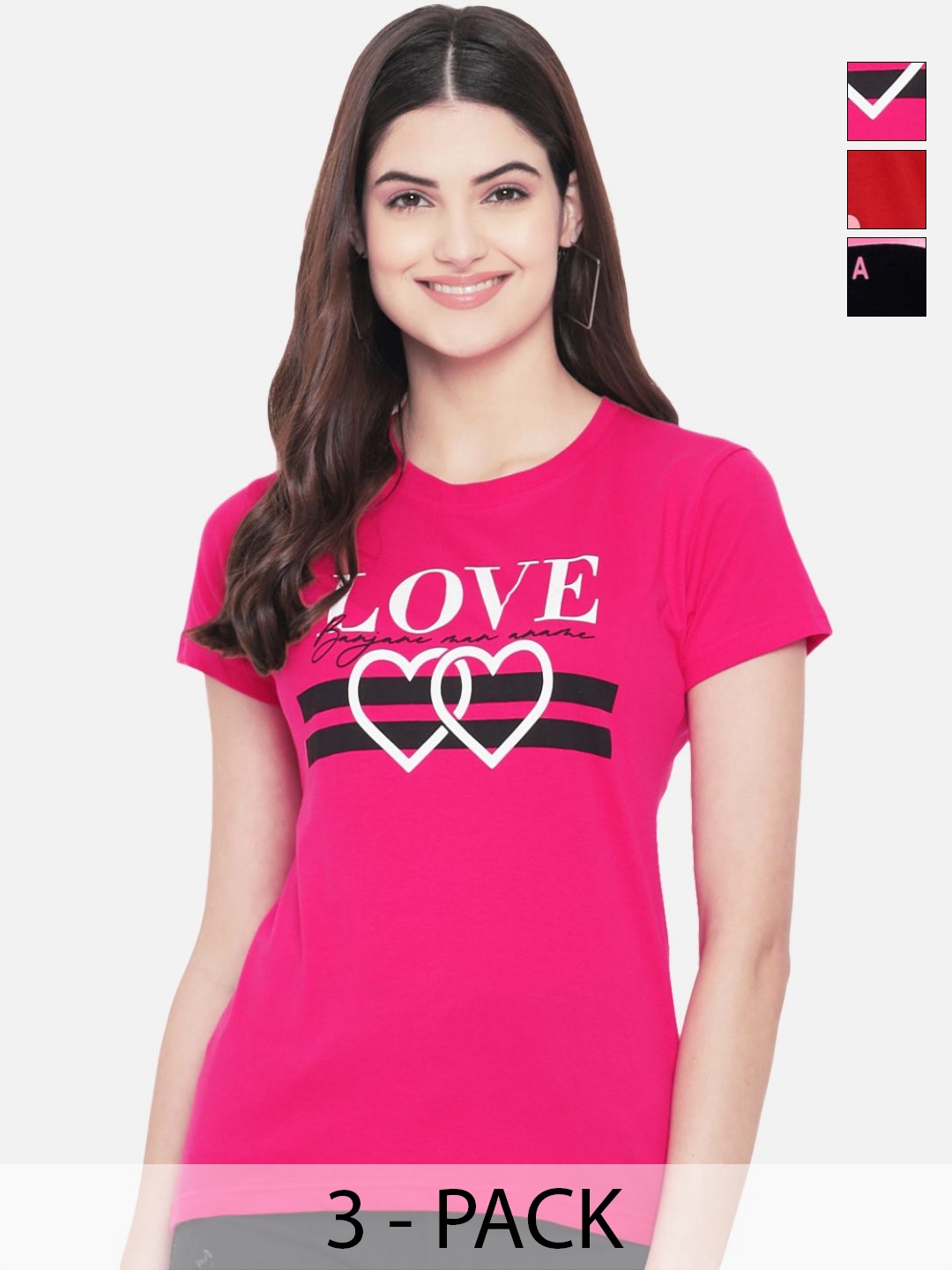 

Dreambe Women Pack Of 3 Typography Printed Round Neck Cotton T-shirts, Pink