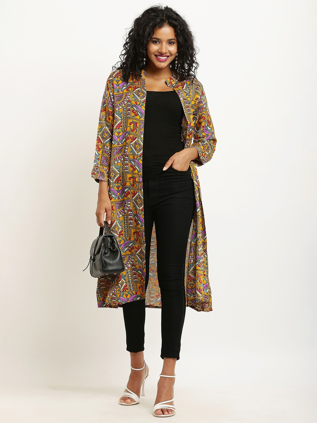 

ARJ FASHION Ethnic Motifs Printed Longline Open Front Shrug, Yellow