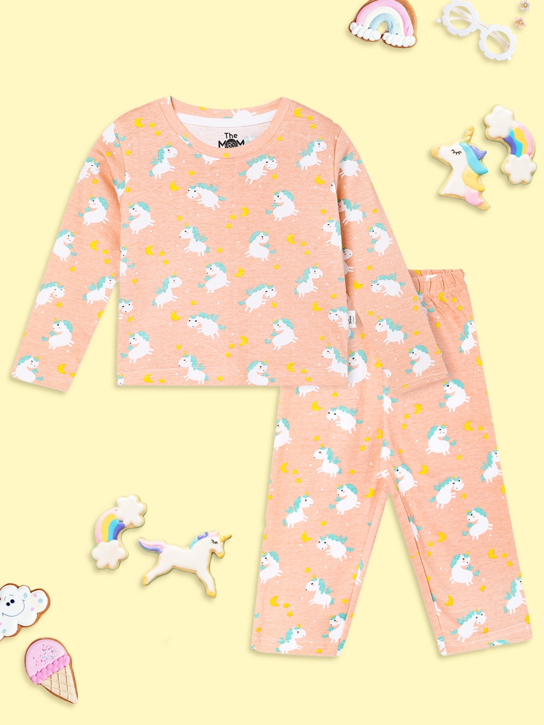 

The Mom Store Kids Dreamy Unicorn Printed Pure Cotton Night suit, Peach