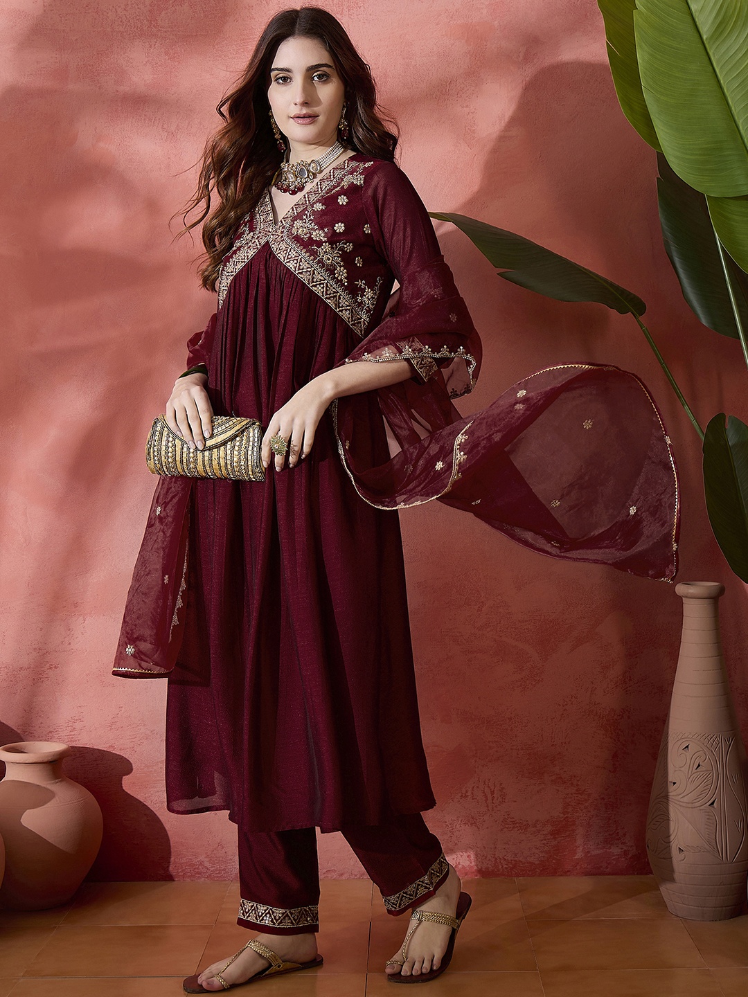 

Sangria Maroon Floral Embroidered Silk Blend V-Neck Empire Kurta With Trousers And Dupatta