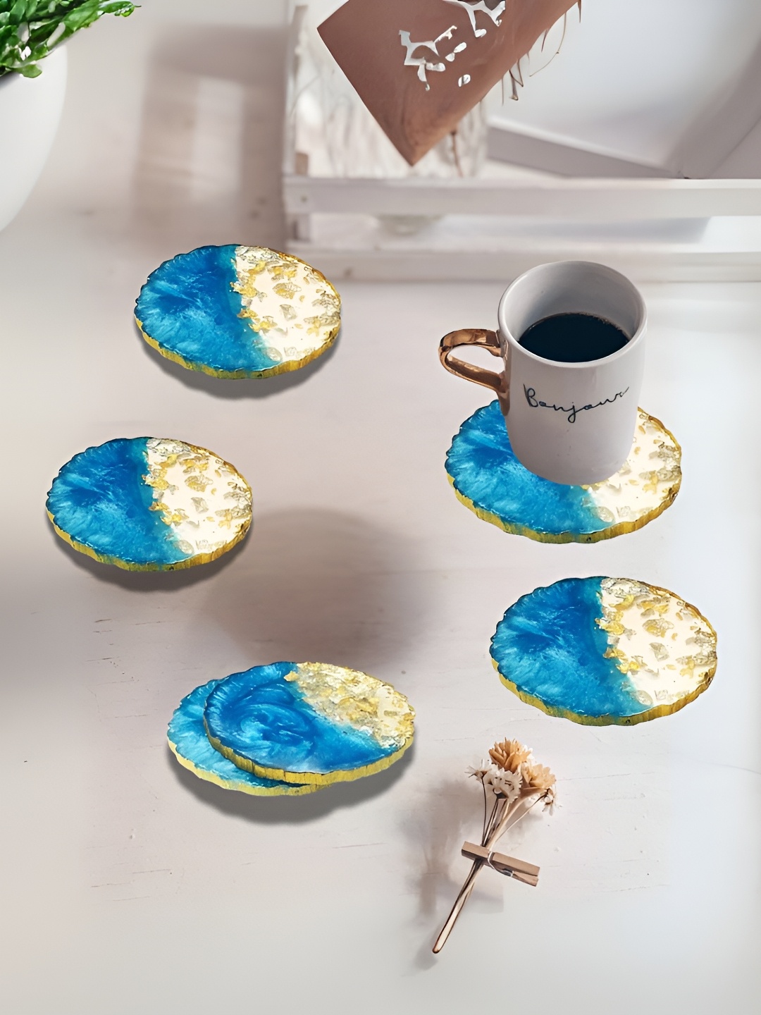 

ShopMeFast 6-Pcs Blue Round Resin Coaster Set, Turquoise blue