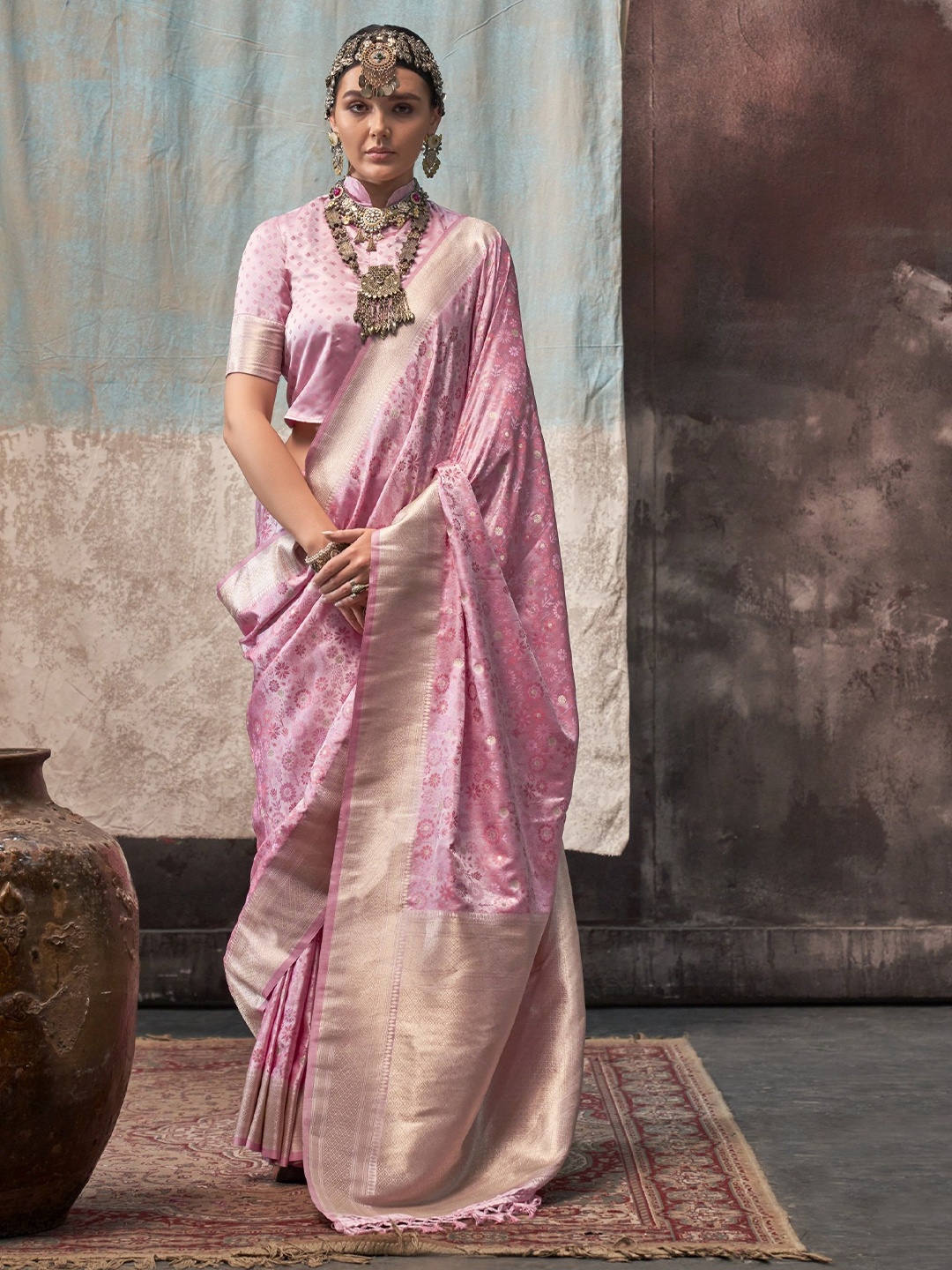 

MAHALASA Ethnic Motifs Zari Pure Silk Kanjeevaram Saree, Pink