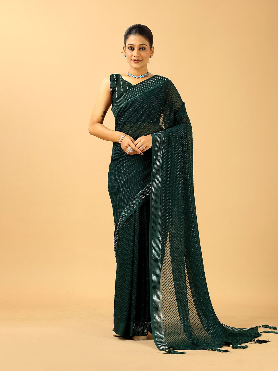 

A.V.M. SILK MILLS Embellished Beads and Stones Pure Chiffon Saree, Green