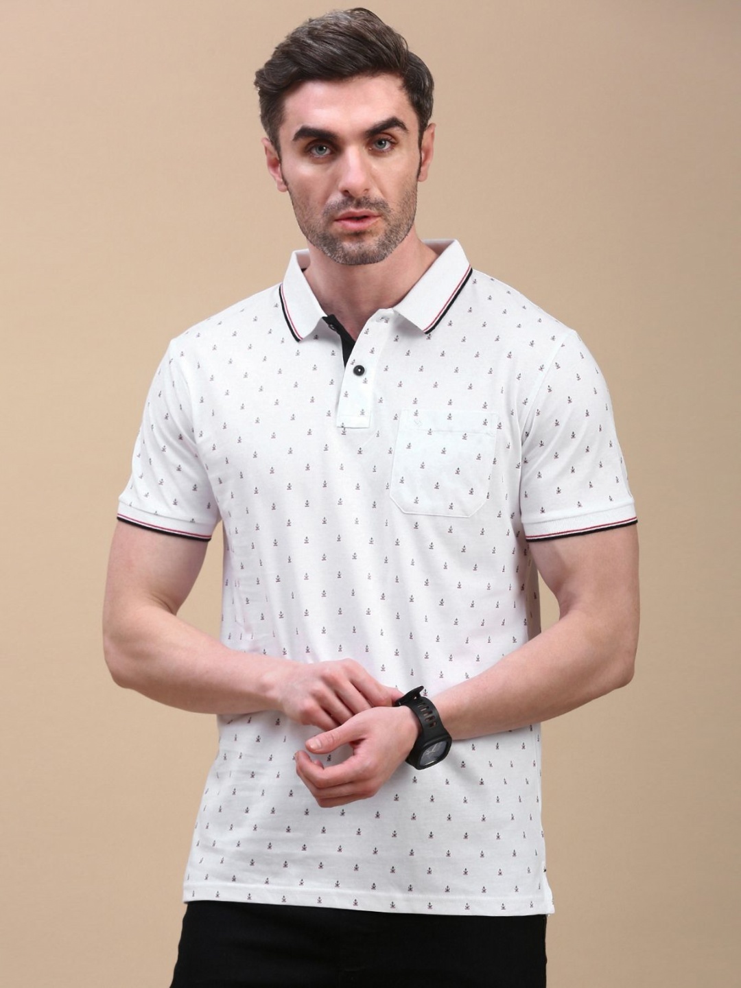 

Classic Polo Men Conversational Printed Polo Collar Cotton Slim Fit T-shirt, White