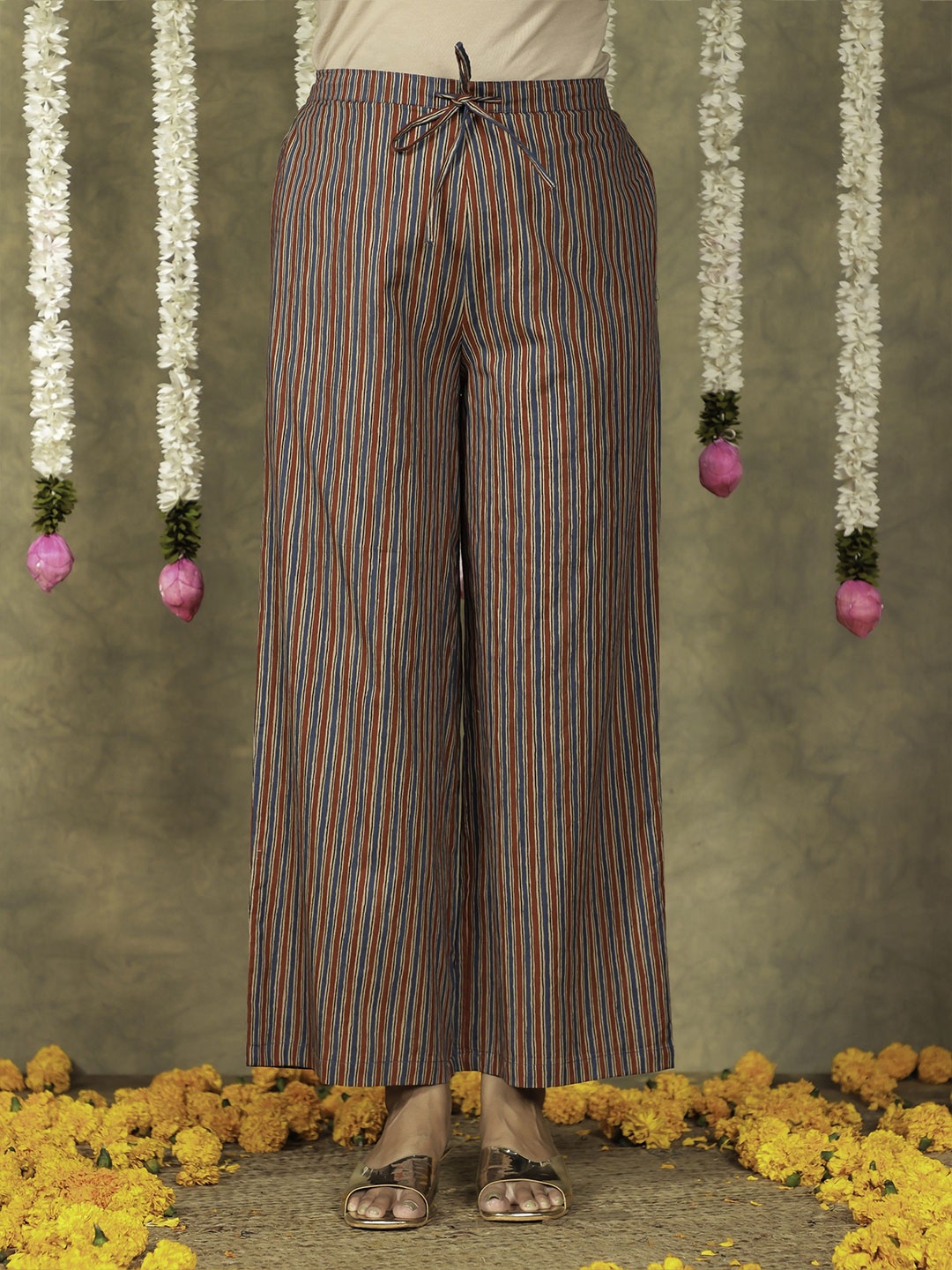

Aramya Women Striped Cotton Palazzos, Red
