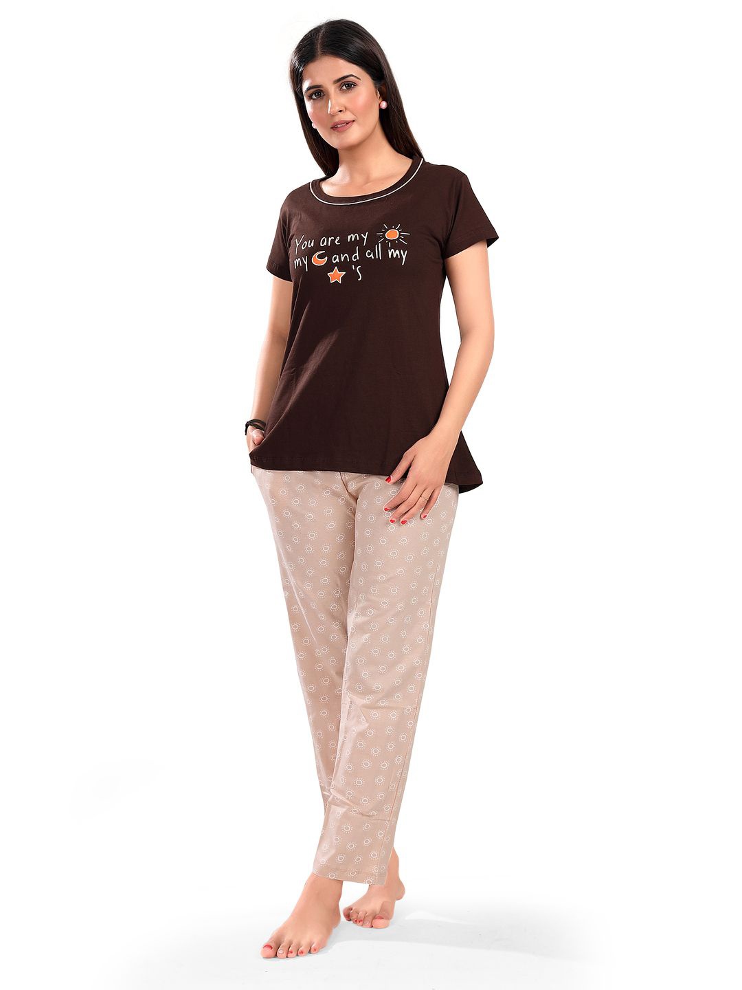 

SWEET MOON Printed Round Neck Night suit, Brown