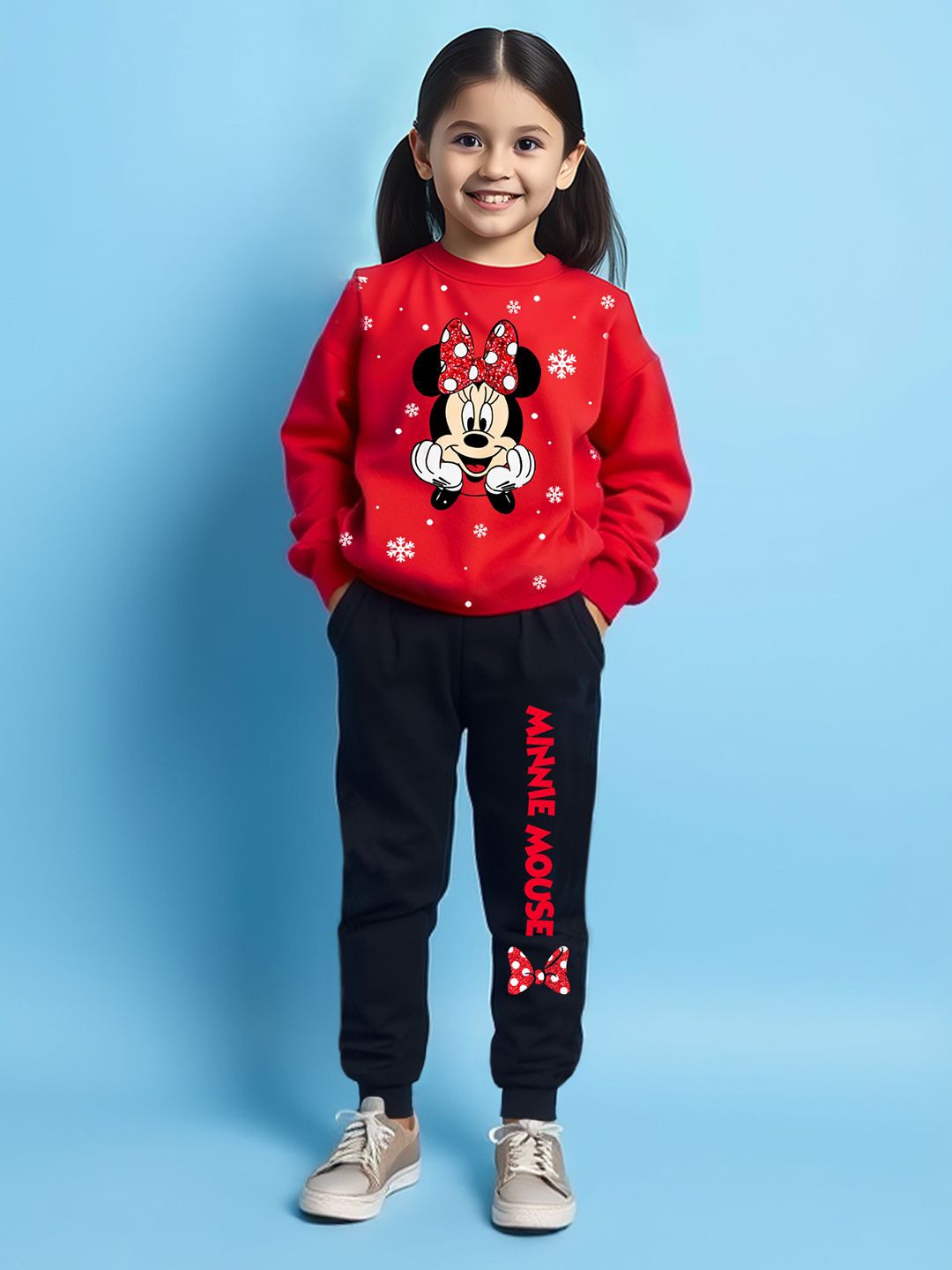 

Disney By Miss and Chief Girls Minnie Mouse Printed Round Neck Sweatshirt With Joggers, Red