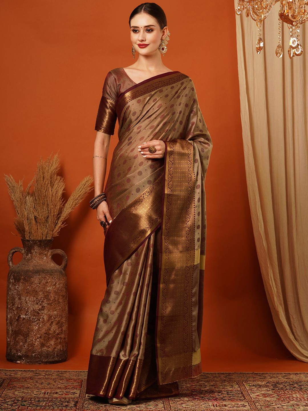 

DIVASTRI Woven Design Zari Pure Silk Mysore Silk Saree, Brown