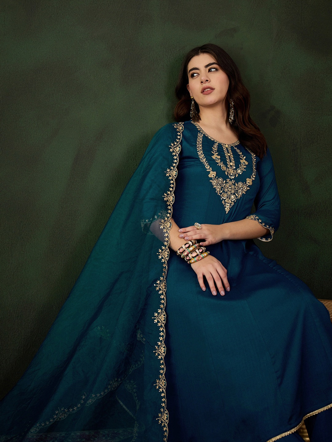 

Sangria Blue Floral Embroidered A-Line Kurta With Trousers & Dupatta, Teal