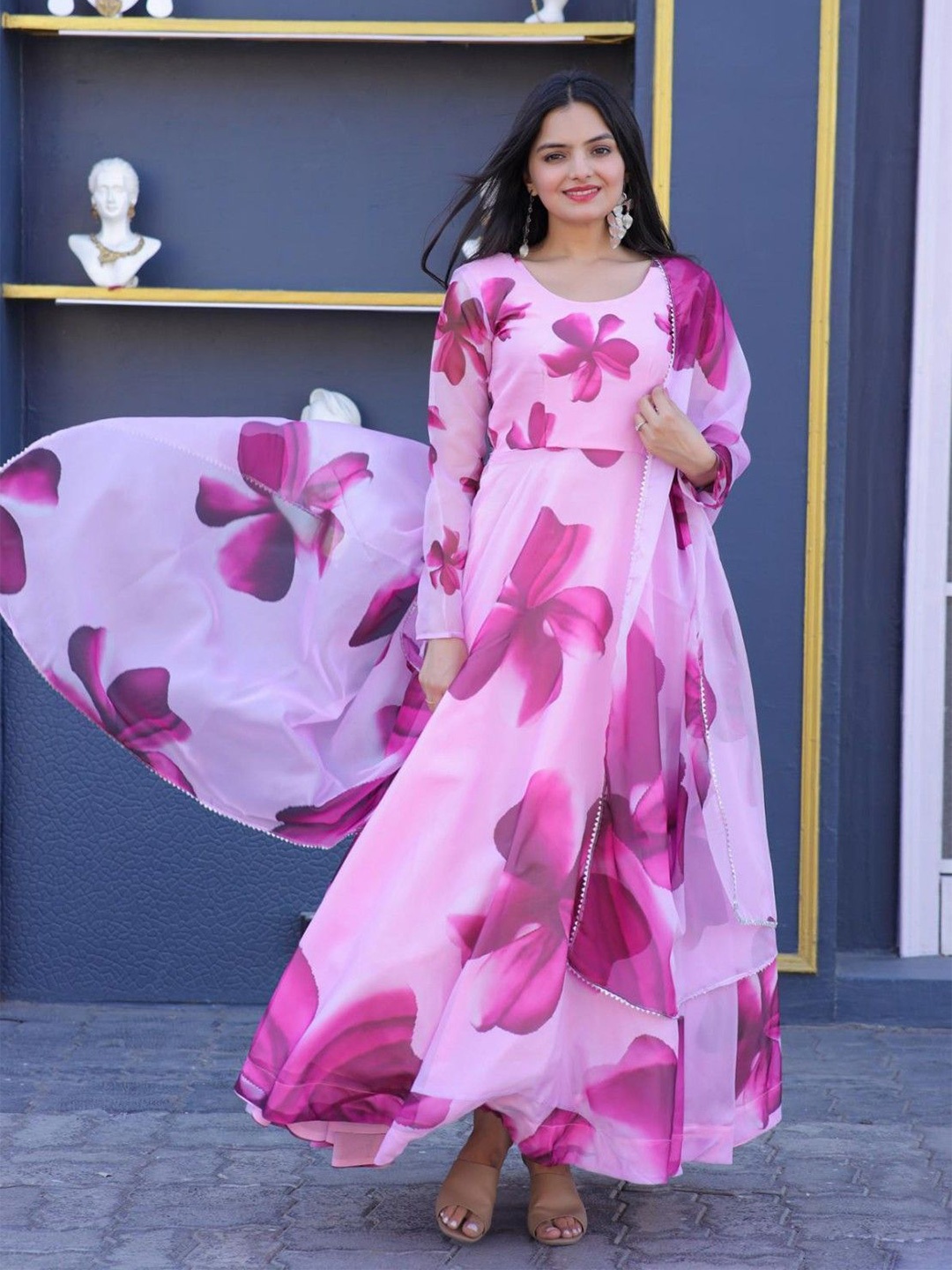 

Raiyani Enterprise Floral Print Crepe Fit & Flare Maxi Dress, Pink