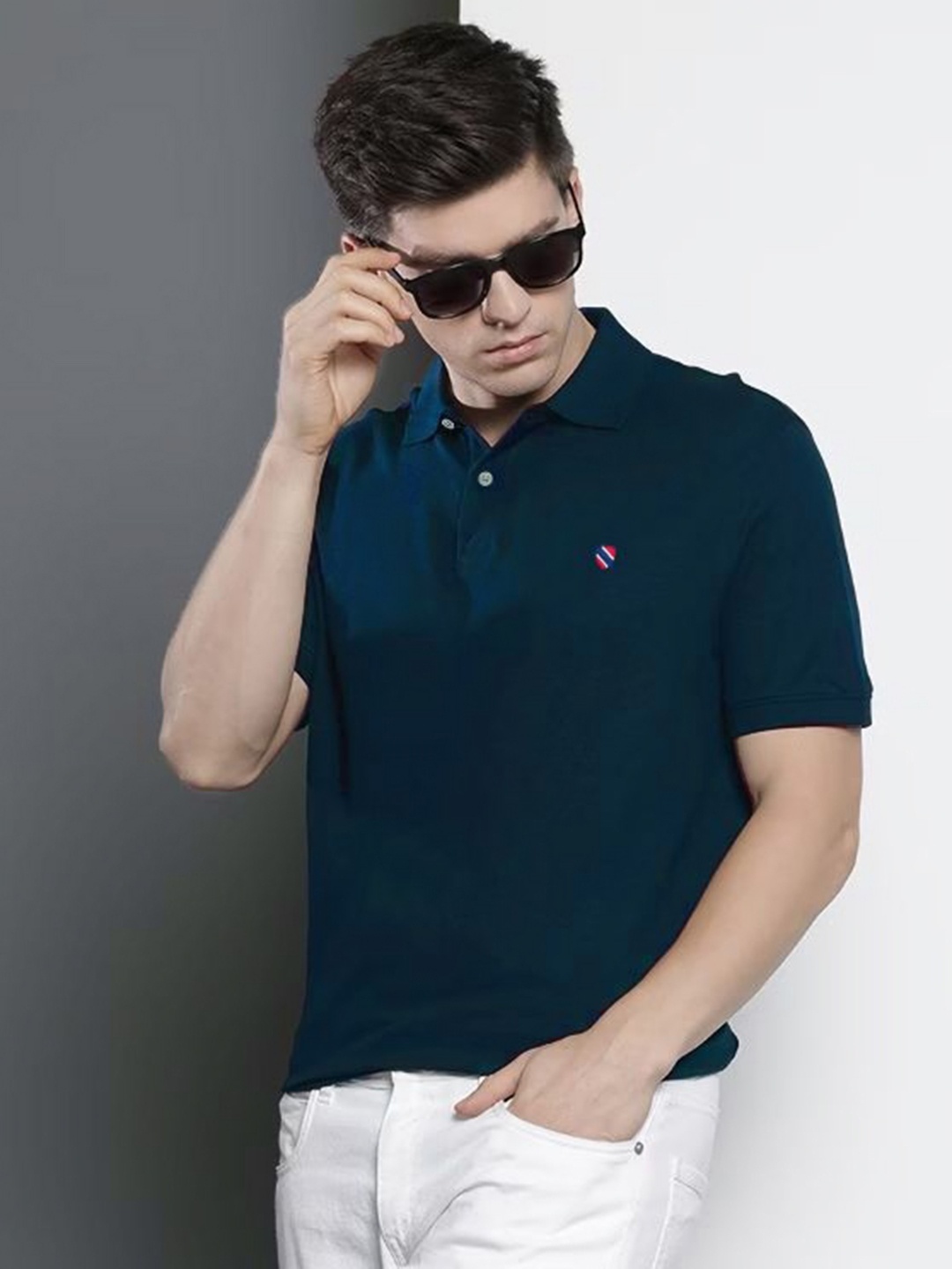 

MERRIMENT Men Solid Polo Collar Cotton T-shirt, Teal