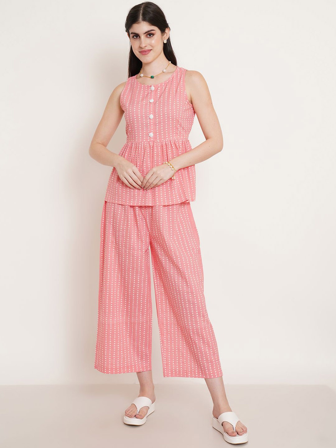 

JAPER KURTI Abstract Printed Round Neck Pure Cotton Top With Palazzos, Pink