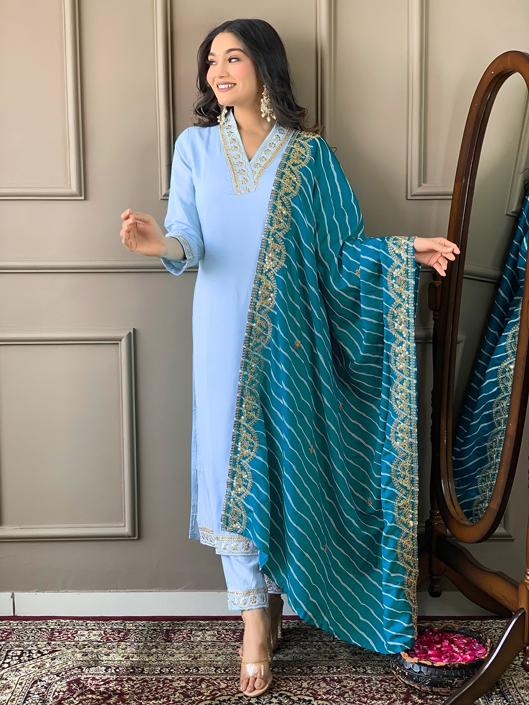 

KALINI Floral Embroidered Thread Work V-Neck Straight Kurta With Trousers & Dupatta, Blue