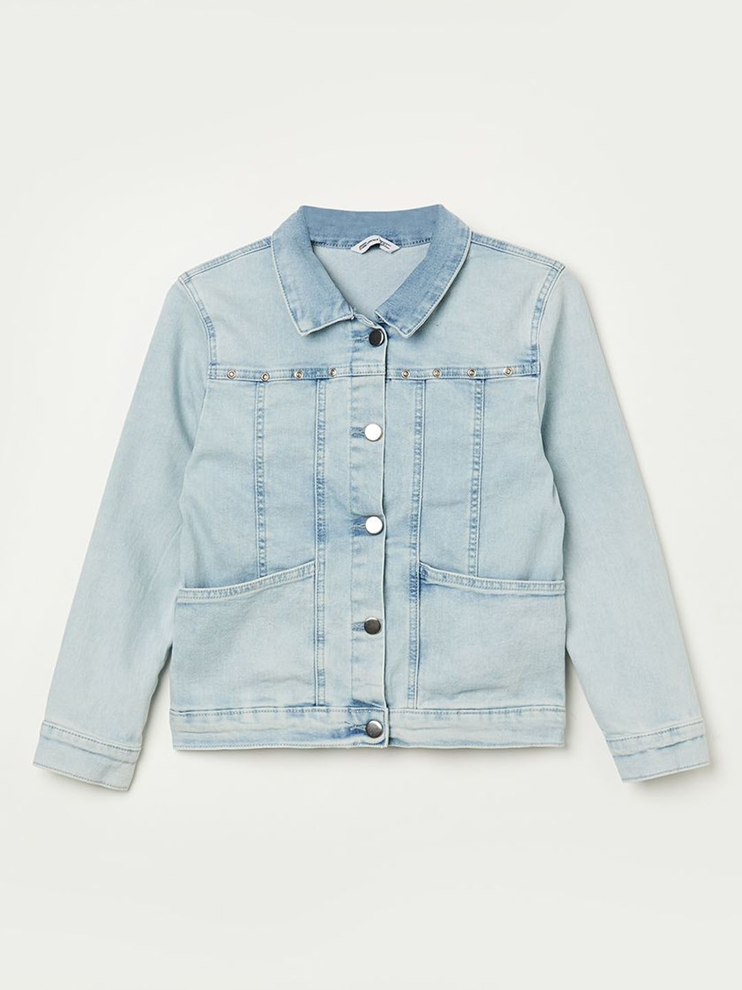 

Fame Forever by Lifestyle Girls Spread Collar Solid Cotton Casual Denim Jacket, Blue