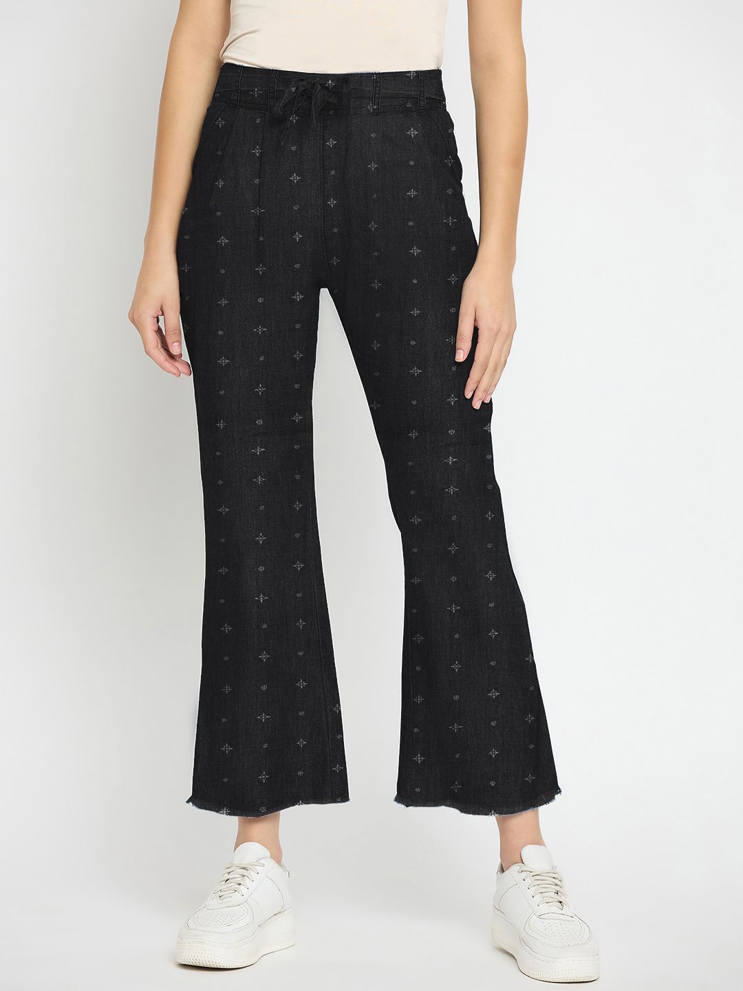 

Novio Women Ethnic Motifs Printed Regular Fit Cropped Bootcut Denim Trousers, Black