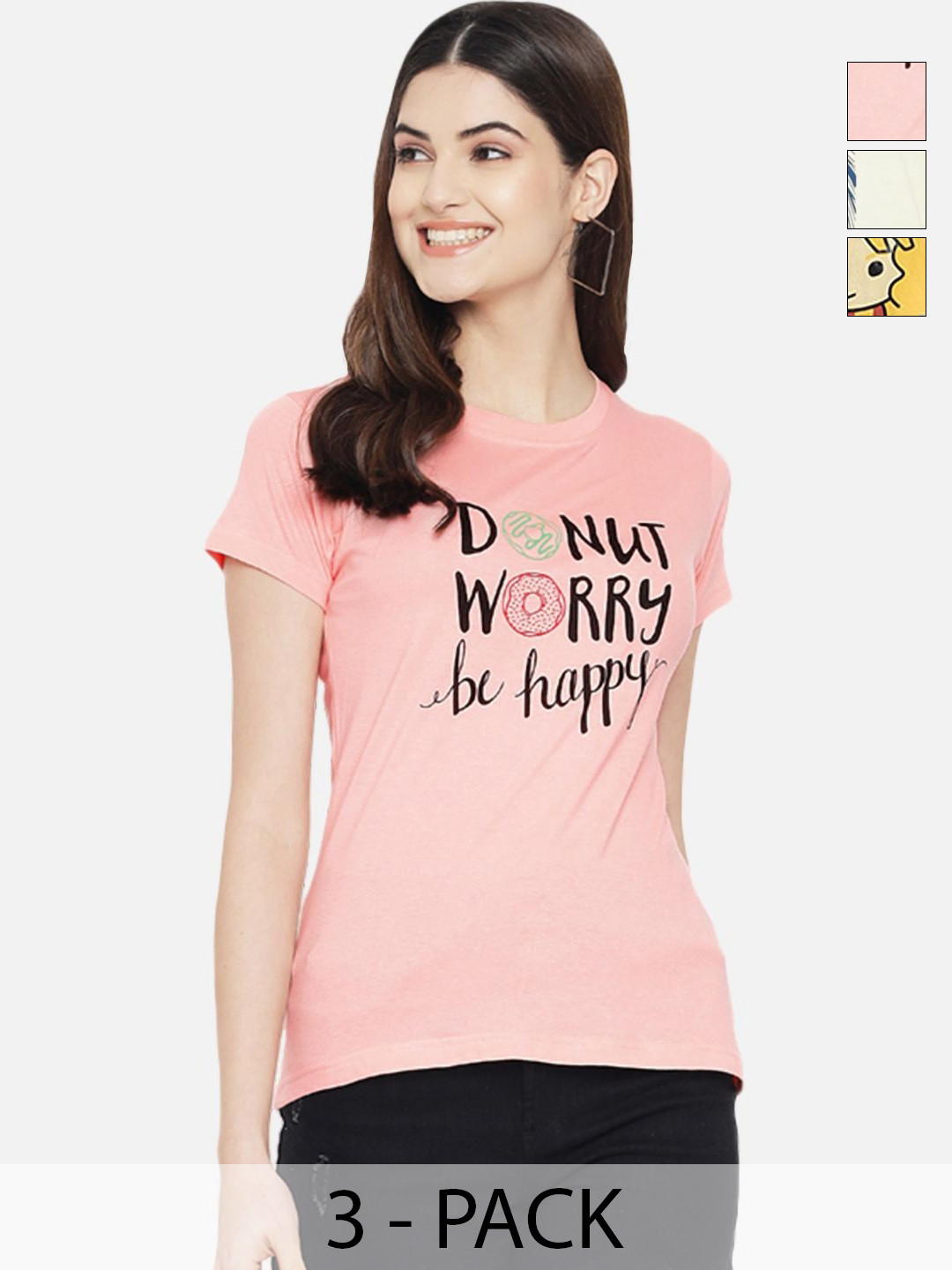 

Dreambe Women Pack Of 3 Graphic Printed Round Neck Cotton T-shirts, Pink