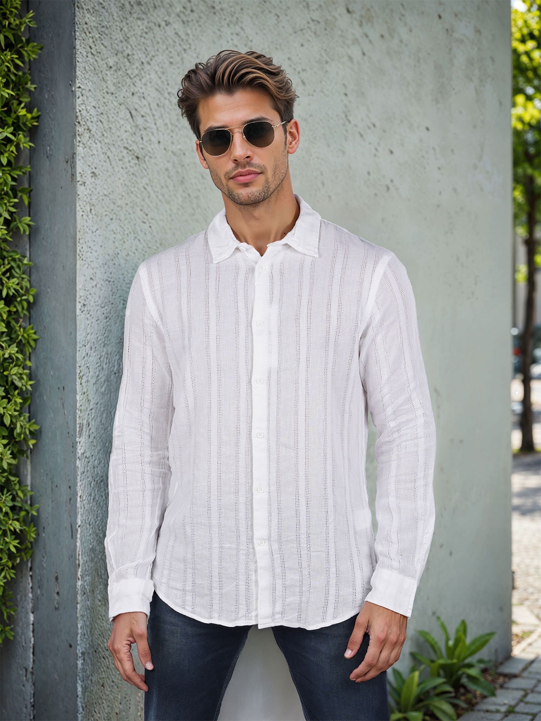 

Celio Men Classic Regular Fit Spread Collar Textured Cotton Casual Shirt, White