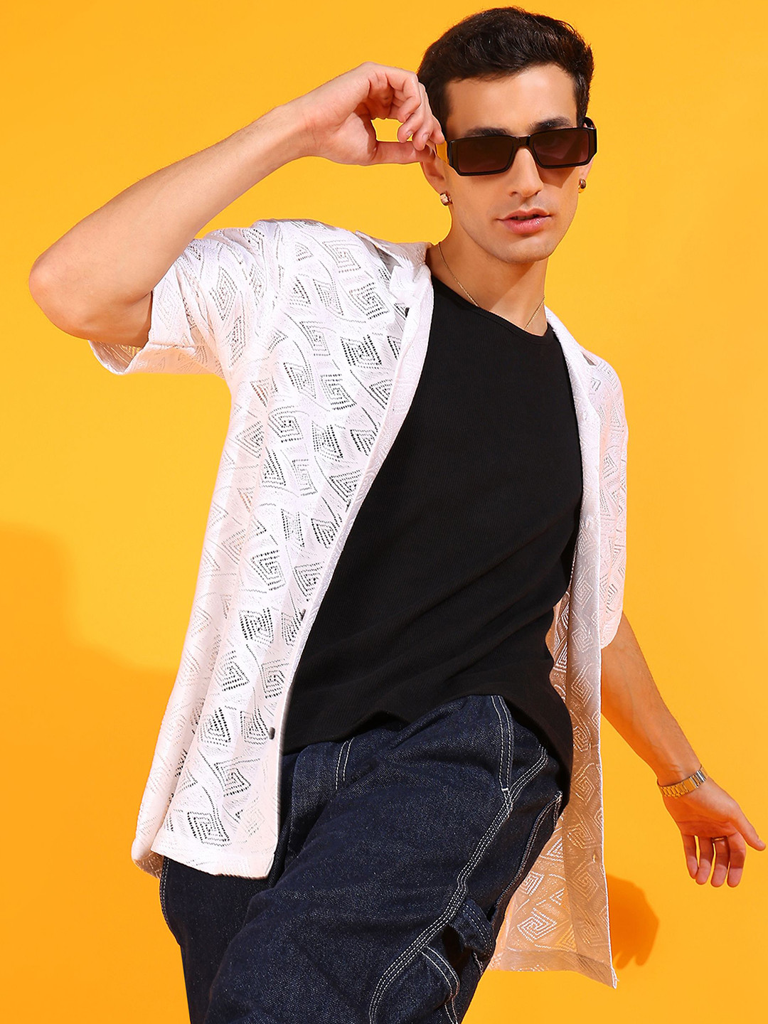 

INDICLUB Men Relaxed Fit Cuban Collar Textured Casual Shirt, White
